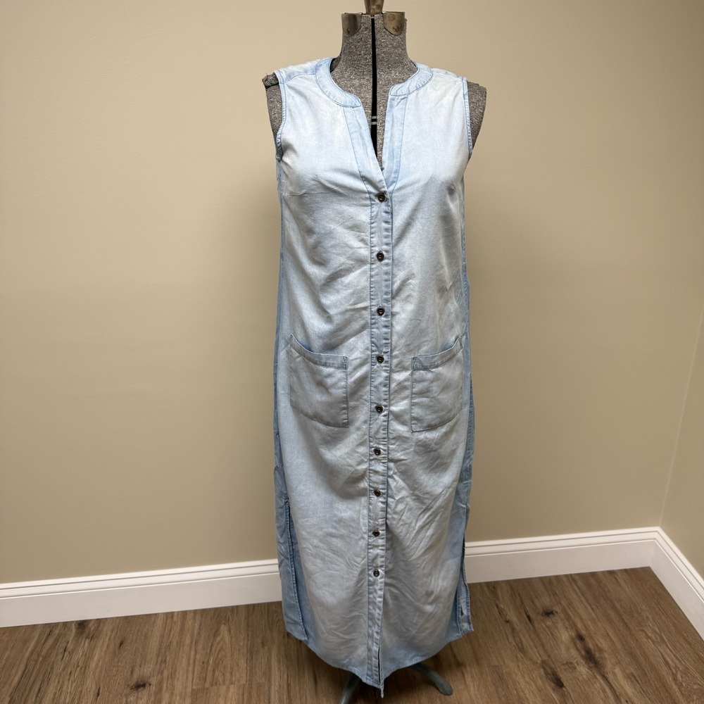 Luxology Chambray Shirt Dress Womens 10 Blue Cotton Sleeveless Button Front